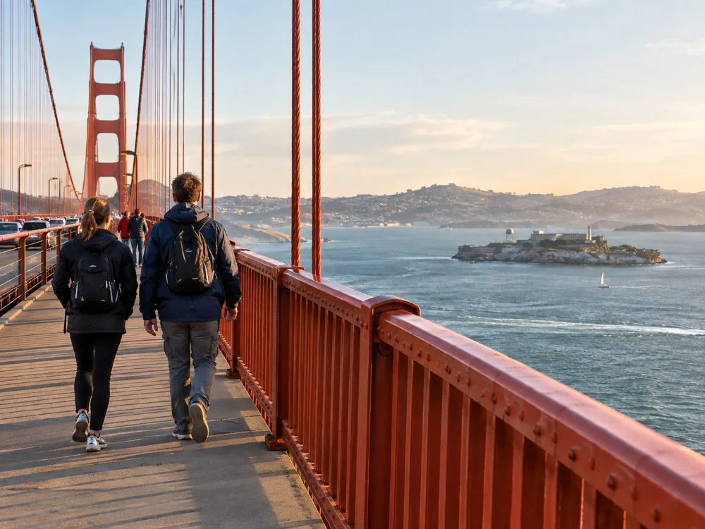 Passeggiatori sul marciapiede est del Golden Gate Bridge con la baia accanto a loro