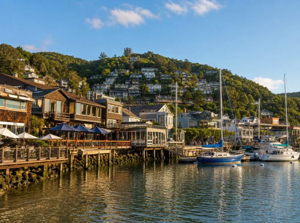 Il lungomare e le colline di Sausalito dall'altra parte dell'acqua rispetto al ponte